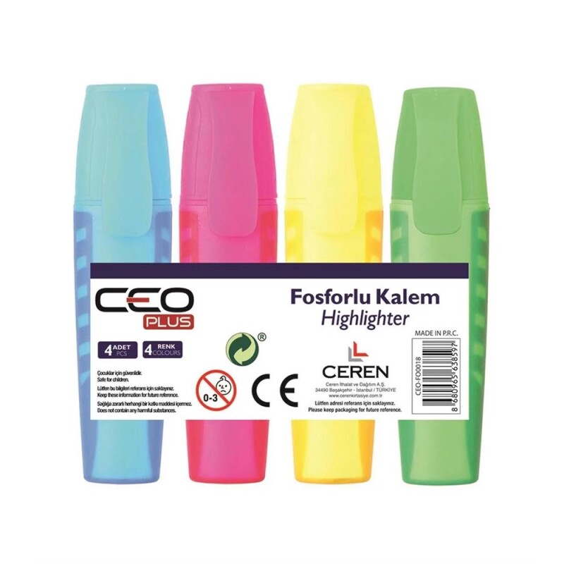 CEREN CEO-FO0023 FOSFORLU KALEM MİNİ PAST.RENKLER 4LÜ - 1