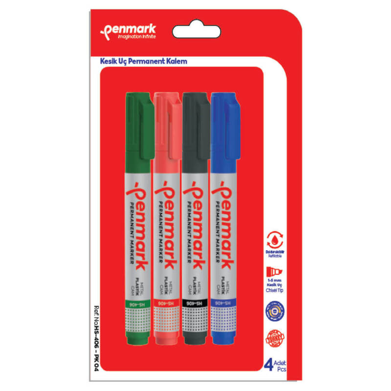 PENMARK HS406 PK04 PERMANENT MARKER KESİK UÇ 4LÜ BLS - 1